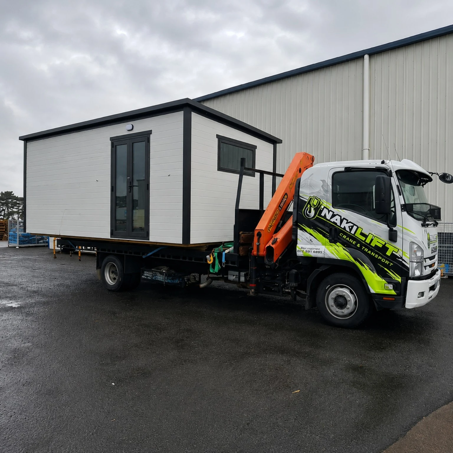 Naki Lift truck transporting a cabin